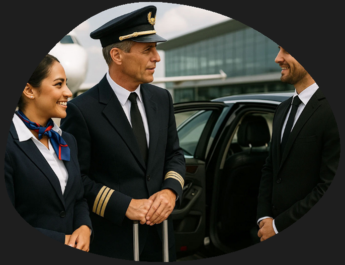 photo of pilots and crew member standing next to a private jet
